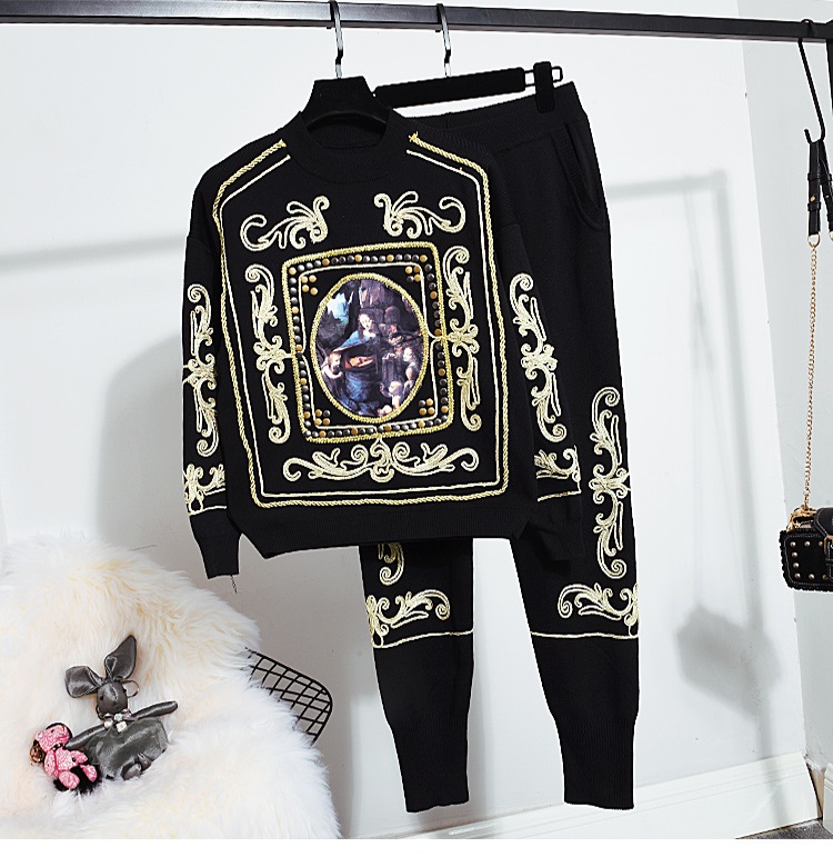

Fashion Knitted Set Beading Tracksuit Women sleeve Knit Sweater Long Pants 2pc Suit Female Loose Knitting Two Piece Outfits, White