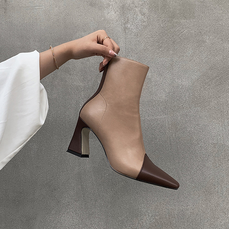 

Small Classic Spelling Color With 2019 Small Square Cowhide Short Boots Woman Coarse High With Boots, Black