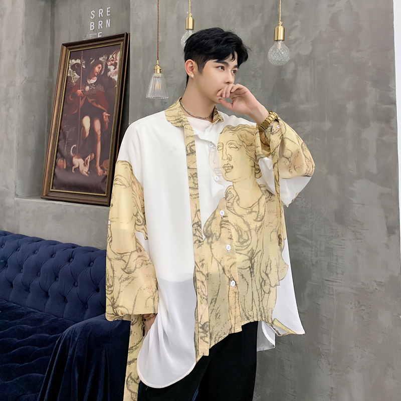

Autumn Male Streetwear Hip Hop printing Dress Shirts Stage Show Clothing Blouse Men Long Sleeve Loose Casual Oversized Shirts