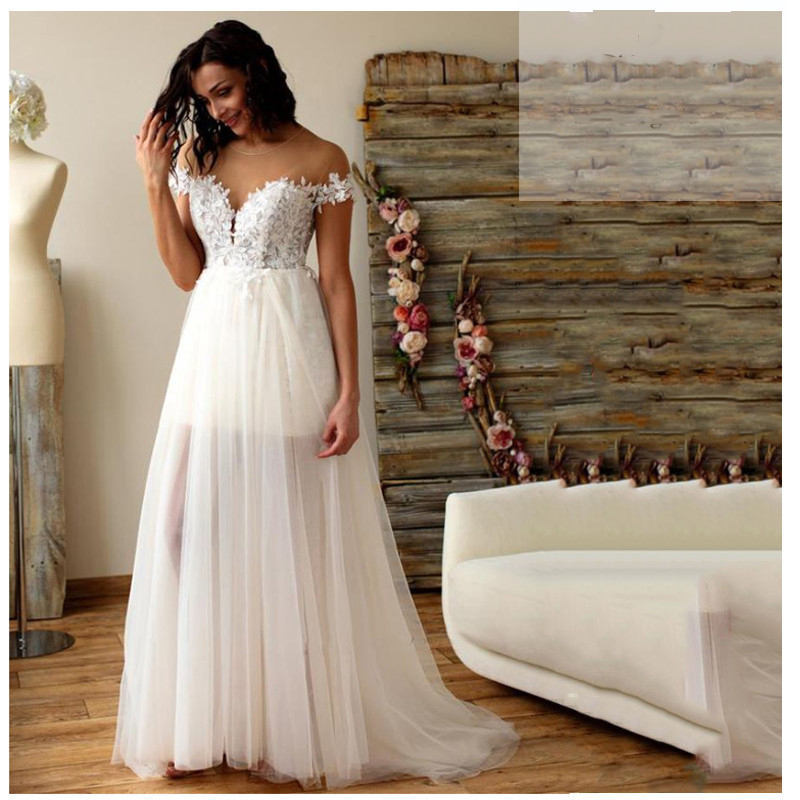 

2020 Lace Wedding Dress Boho A Line Short Skirt Bride Wedding Gowns Sweep Train White Tulle Wedding Gowns Custom Made