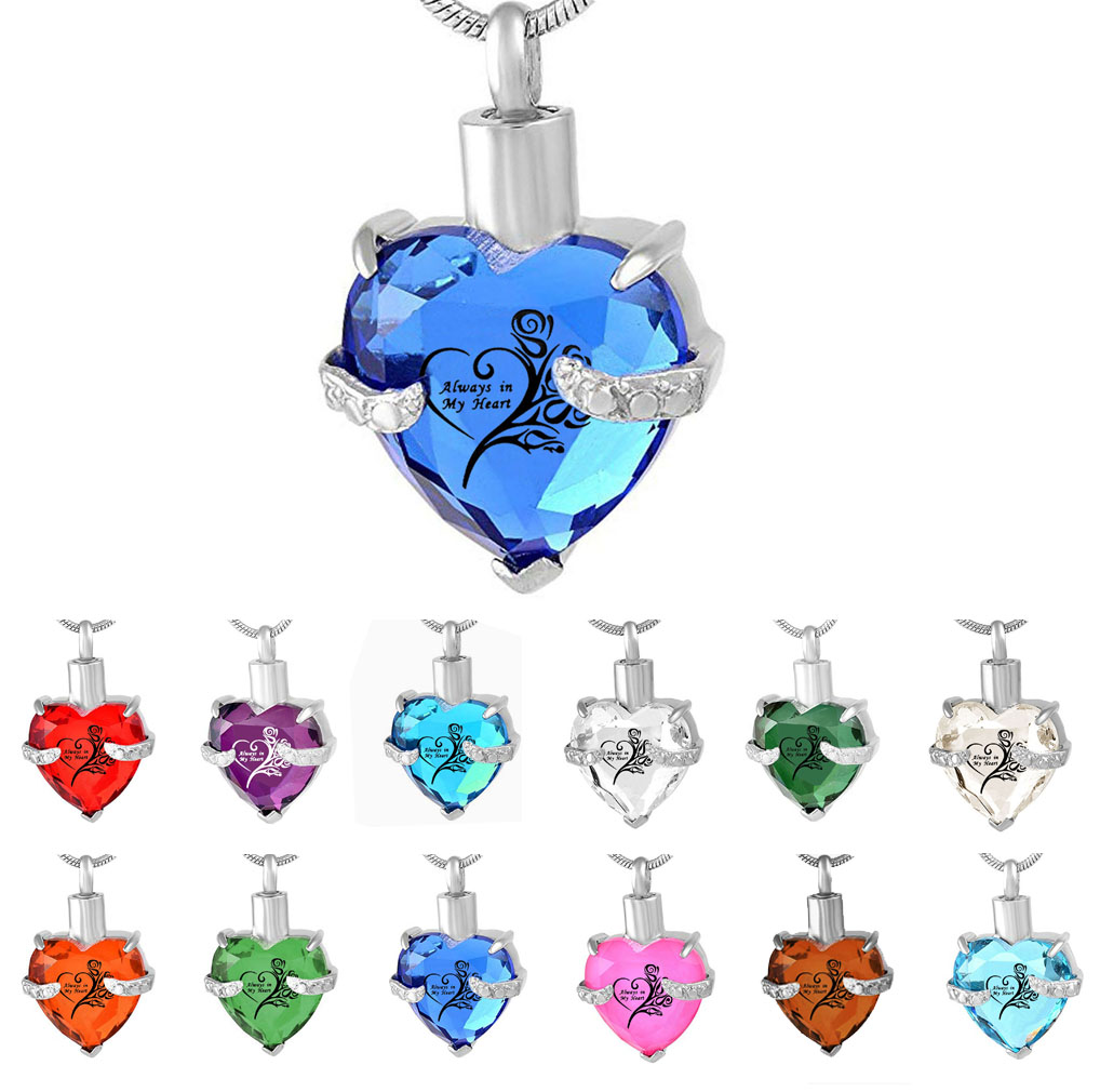 

Always in My Heart 12 Birthstone Crystal Urn Necklace Heart Memorial Keepsake Pendant Ash Holder Cremation Jewelry for Ashes