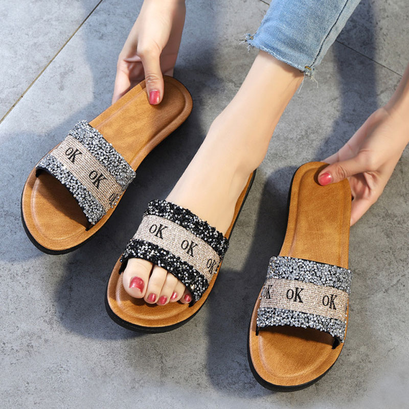

Women's Summer Casual Sandals Bling Rhinestone Fashion Slides Female Anti-skid Leisure Sequins Slippers Wholesale, Black