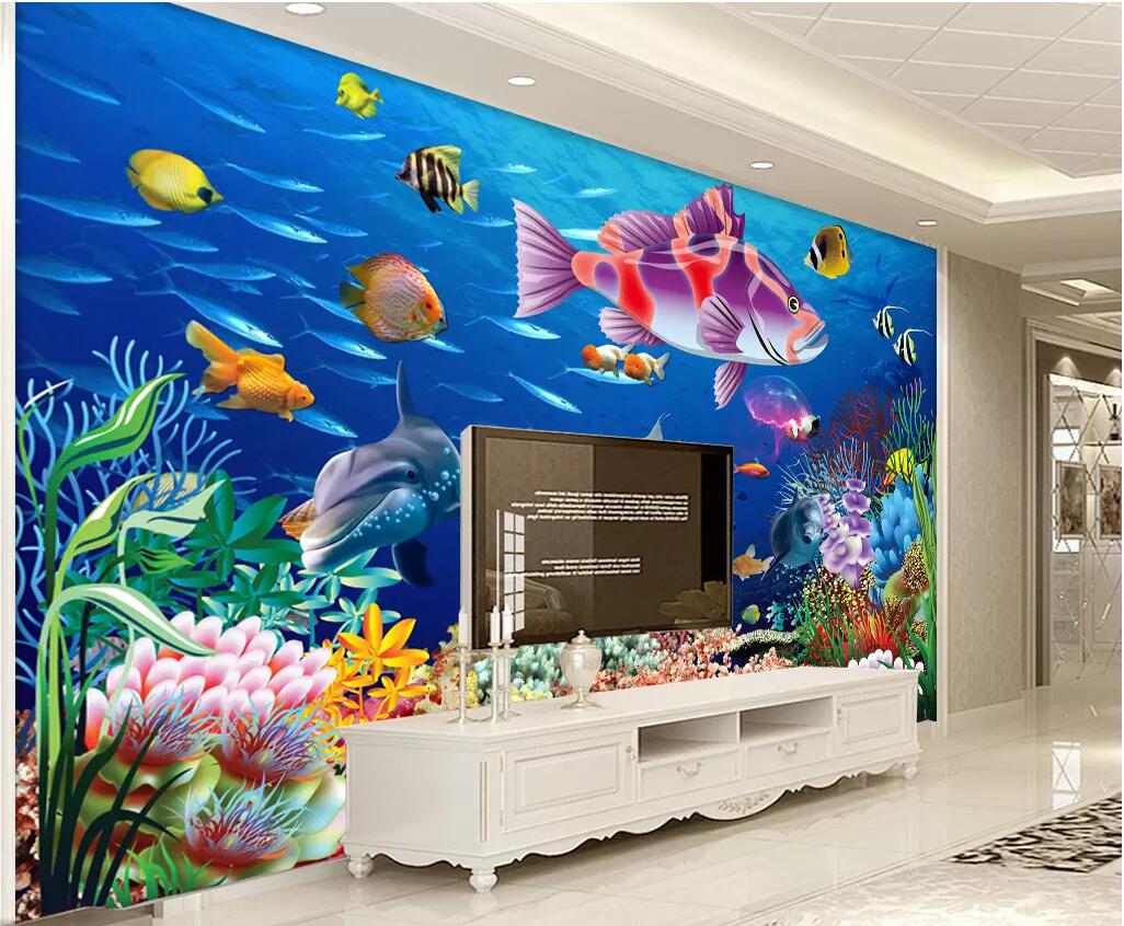 

WDBH 3d wallpaper custom photo Sea world dolphin fish coral background home decor 3d wall murals wallpaper for walls 3 d living room, Non-woven