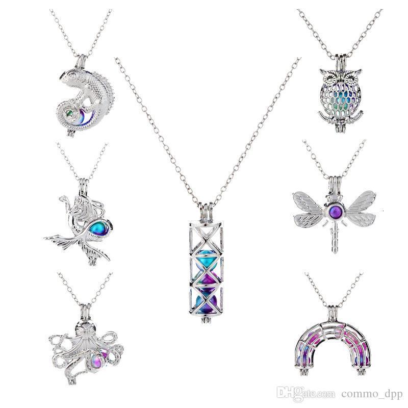 

Colorful Pearl Cage Pendant Necklaces Lizard Mermaid Dragonfly Owl Octopus Cylinder Arch Bridge Animal Charm For Women Fashion Jewelry