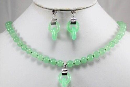 

natural light green jade7-8mm necklace18'' pendant earrings set<<<free shipping, Customize