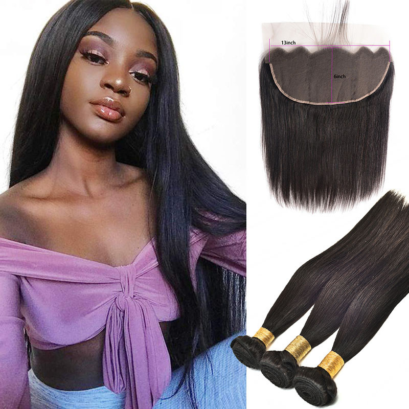 

Brazilian Virgin Human Hair Bundles With 13X6 Lace Closure Straight Hair Wefts With Lace Frontal 13 By 6 Lace Size Natural Color 4Pcs/lot