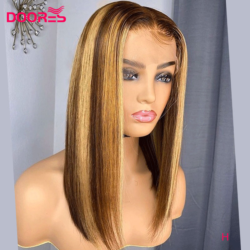 

Doores Bob Lace Front Human Hair Wigs For Women Ombre Hair Wig Brown Blonde remy Wig 13x4 Straight Lace Front 250 density H, As pic