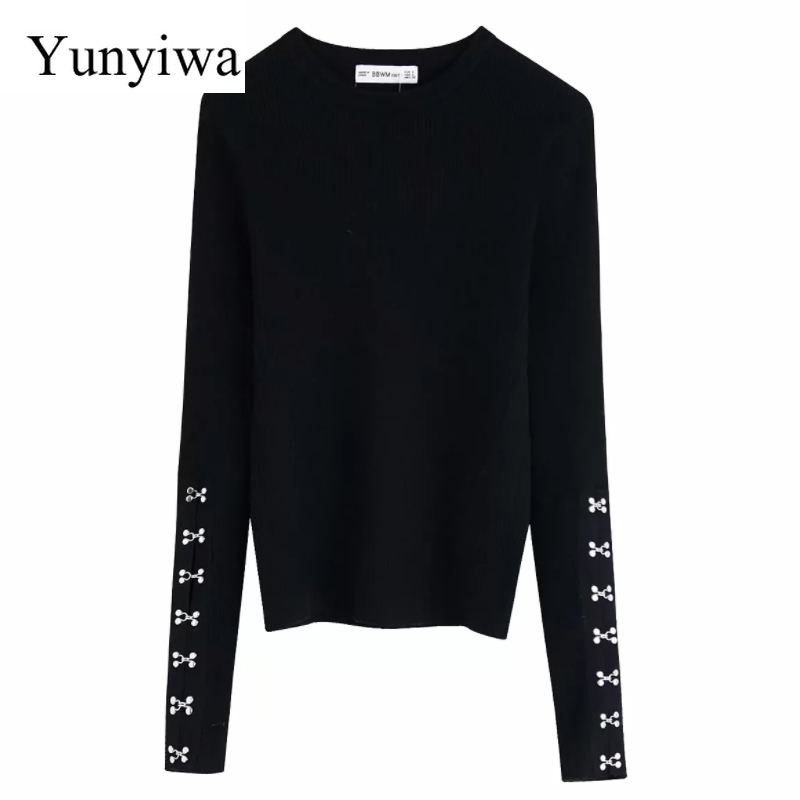 

2019 Autumn Fashion Women Pin Buckles Patch Black White Color Knitting Sweater Female O Neck Casual Slim Pullover Chic Tops, 01