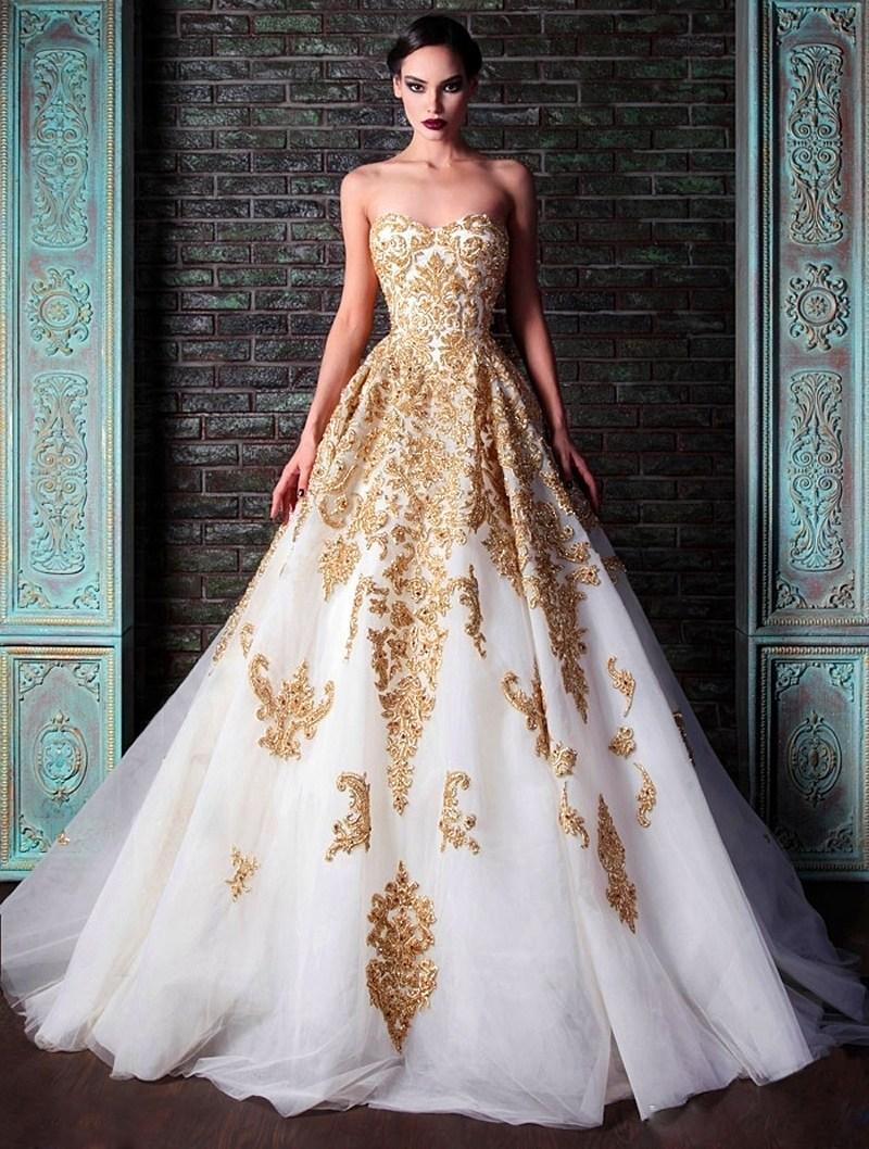 wedding dress with yellow accents