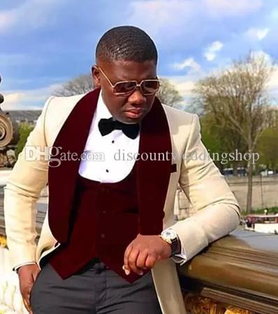 Fortement recommandé Champagne marié smokings vin velours châle hommes robe de soirée de mariage 3 pièces costumes d'affaires (veste + pantalon +