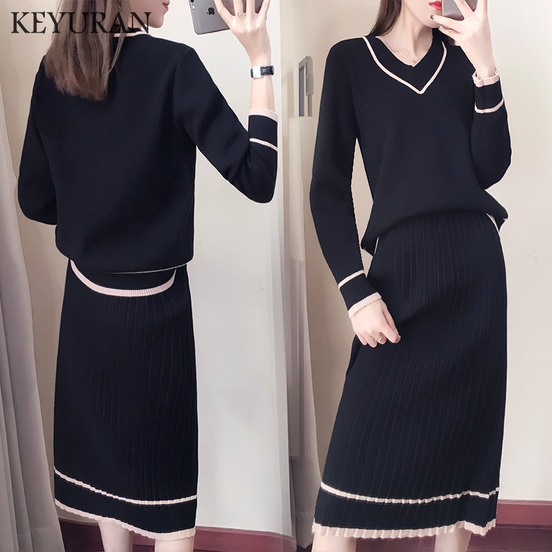 

Knitted Autumn Women Skirts Casual Striped Saia Midi Skirt Top + Skirt Conjunto Feminino sweater 2 Piece Set Women Woman Suit, Black