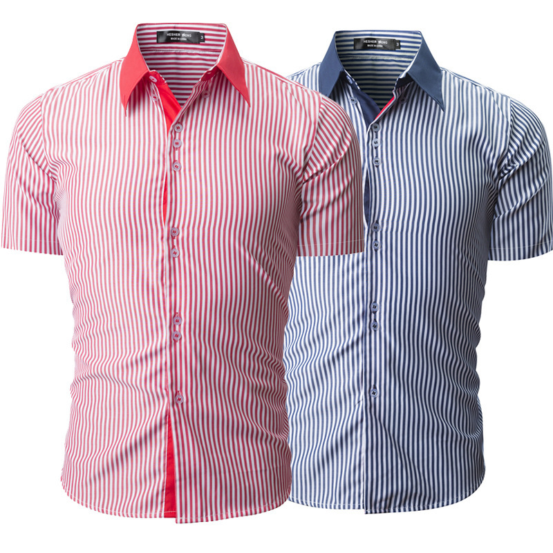 

Red Navy Men's Lapel Shirt Two-tone Streaked Short-sleeved Shirt Men's Business Casual Shirt New Fashion Man Checked Shirts