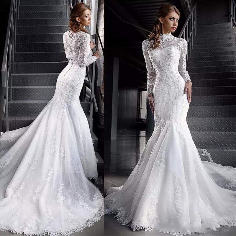

2020 Vintage High Neck Mermaid Wedding Dresses With Jacket 2 Pieces Illusion Long Sleeve Lace Extra Small Wedding Dress Bridal Gowns New, Ivory