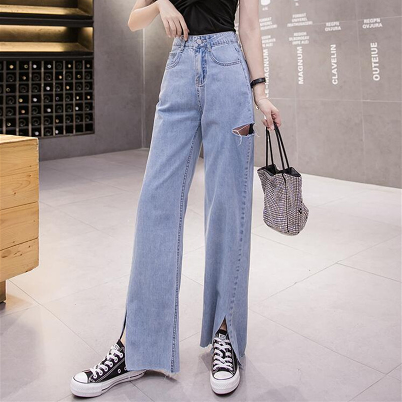 

Woman Jeans Clothes Ripped High Waisted 2020 Summer Streetwear Baggy Wide Leg Vintage Fashion Blue Harajuku Straight Pants