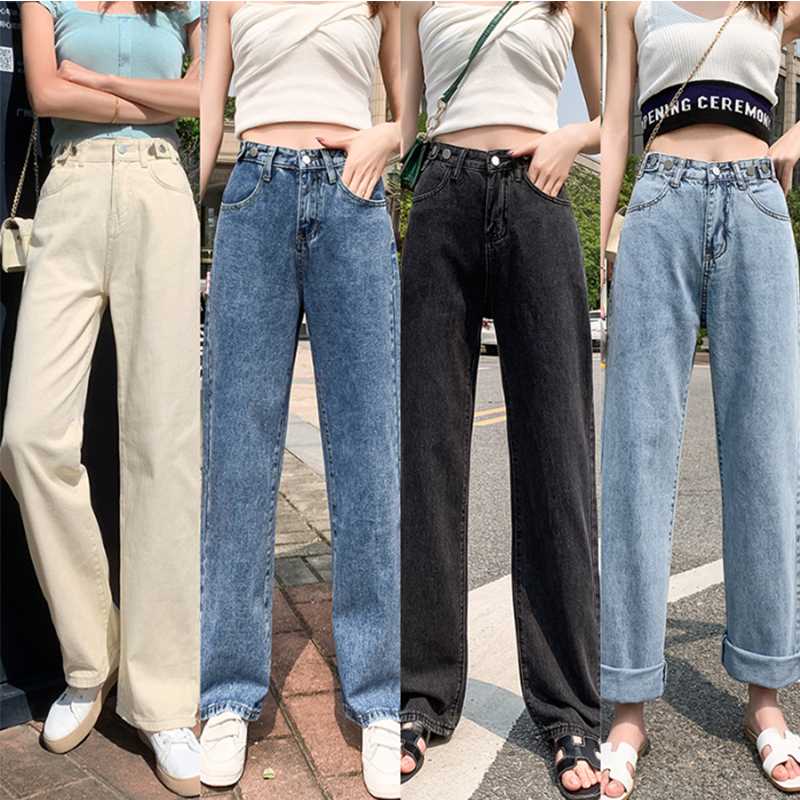 

2020 Spring Summer New Cotton Khaki Blue Women High Waist Harem Mom Jeans Korean Fashion Multi-button Loose Wide Leg Pants