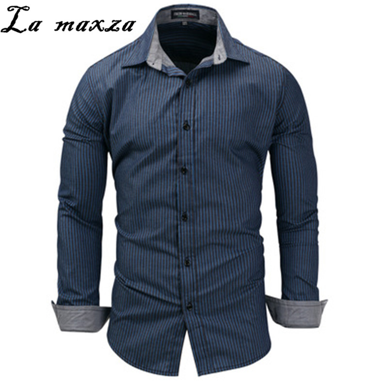 

2020 Spring New Arrivals Striped Cowboy Long Sleeve European Style Big Size Mens Clothes Slim, Blue