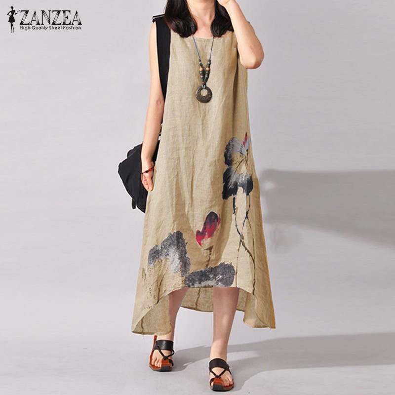 ZANZEA Linen Dress Women Summer Sleeveless Ink Painting Cotton Vestidos Ladies Mid Calf Vestido Womens Plus Size Dresses Y200326