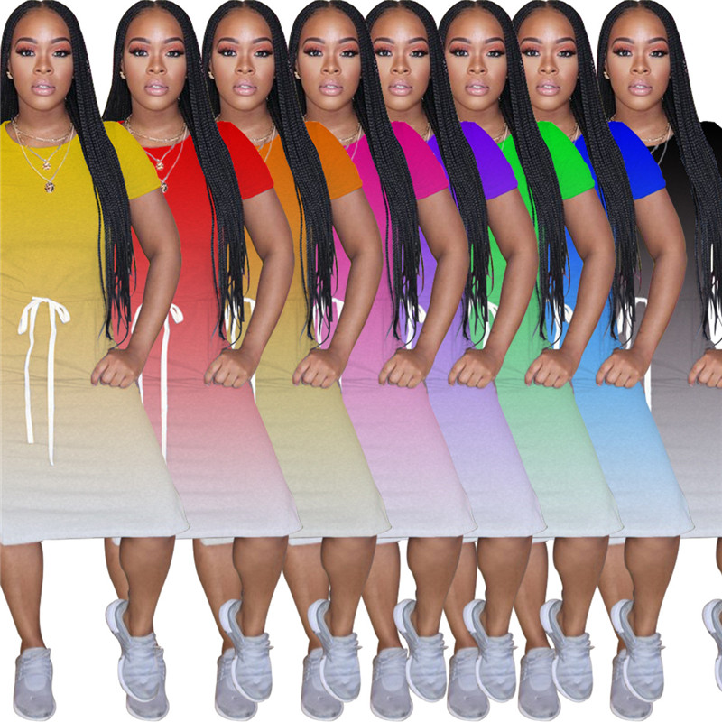 

Spilt Gradient Summer Womens Designer Dresses O Neck Short Sleeve Skinny Casual Dresses Middle Waist With Belt