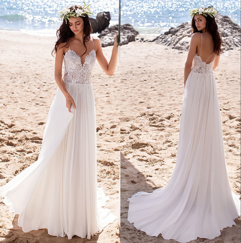 

2020 Summer Beach A Line Chiffon Wedding Dresses Spaghetti Straps Lace Top Cheap Boho Bridal Gowns robe de mariee, White