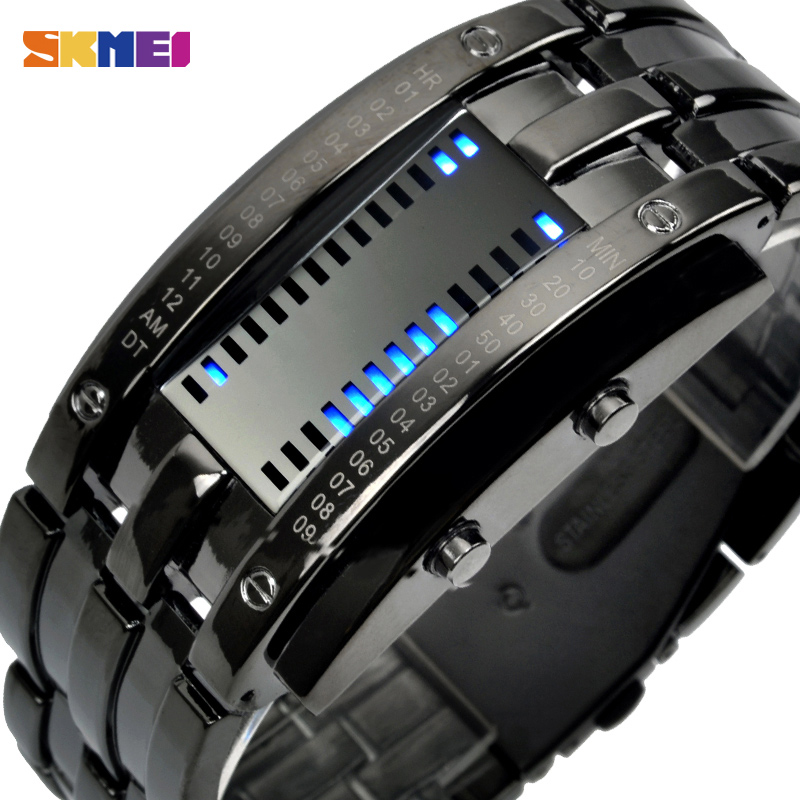 

SKMEI Sport Watch Creative LED Display Fashion Men Women watch Stainless Steel Strap Watches 5Bar Waterproof 50mm Digital Watch reloj hombre, Black