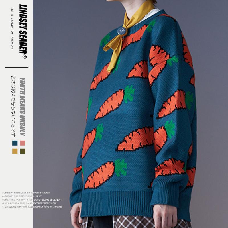 

Women Mens Carrot Printed Knitted Pullover Jumper Sweaters Streetwear Casual Long Sleeve Turtleneck Knitwear Sweater Men, Blue