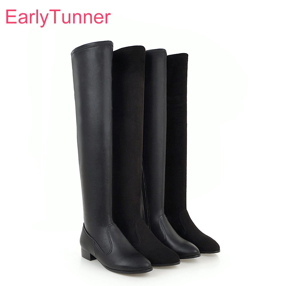 

New Sexy Round Toe Black Women Over the Knee Boots Fashion Low Heels Lady Party Shoes EL812 Plus Big Size 10 33 43 48, Black pu