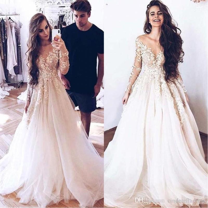 

2020 Vintage Long Sleeves Beach Wedding Dresses A-line V-neck Appliques Bridal Gowns Long Tulle Plus Size Country Wedding Dress BM1522, Same as image