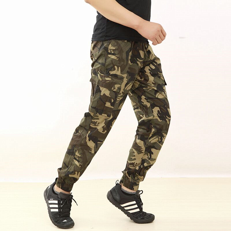 

Summer New Men's Casual Canvas Pencil Pants Camouflage Mid Waist Long Trousers Big Size Cotton Blends B77, Green