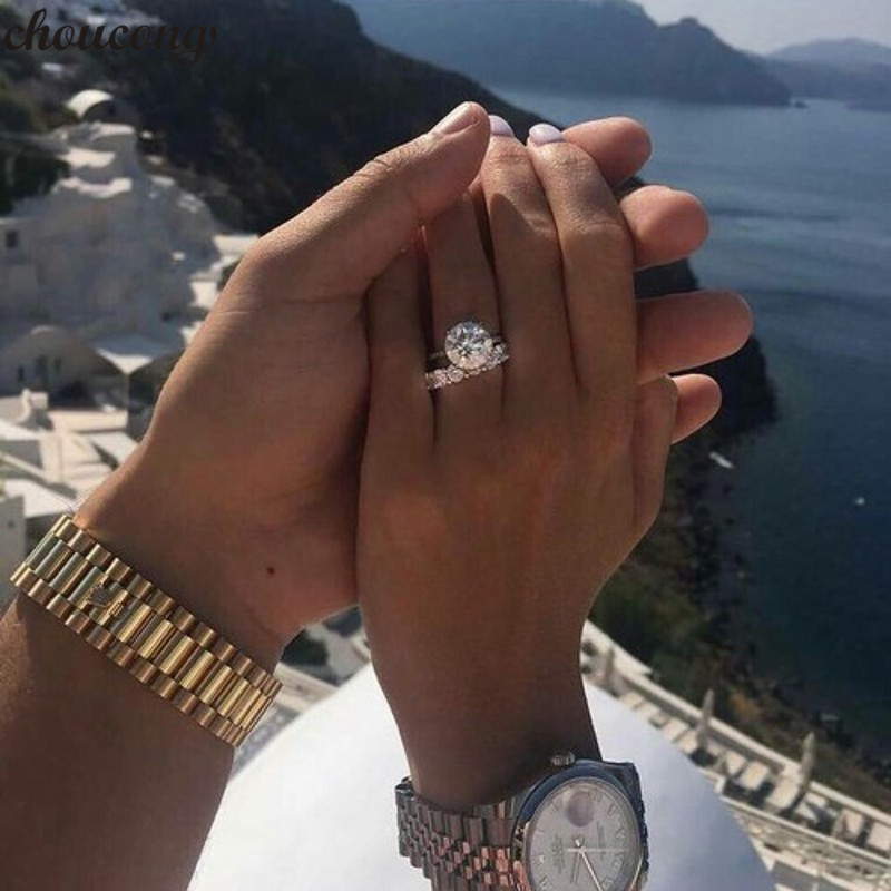 

choucong Elegant Promise Ring Set 925 Sterling Silver 3ct 5A Zircon Cz Party Wedding Band Rings for women solitaire Jewelry Gift
