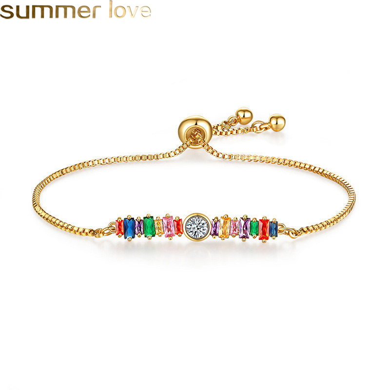 

Gold Rainbow Zircon Bracelet Colorful Adjustable Chain Tennis Rainbow Bracelet for Women Girls Fashion Jewelry Box Chain Bracelet