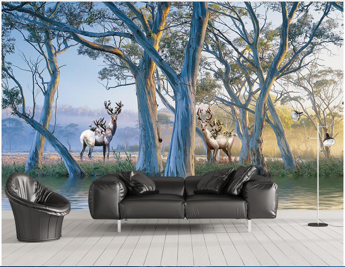 

3d room wallpaper cloth custom photo European beautiful forest big tree elk oil painting wallpaper for walls 3 d wall covering, Picture shows