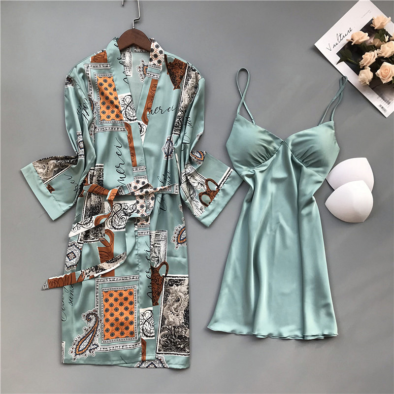 

Spring and summer women's homewear set of 2 nightdress bathrobes and chest pads fashion satin sleepwear sexy v-neck nightgowns, Green
