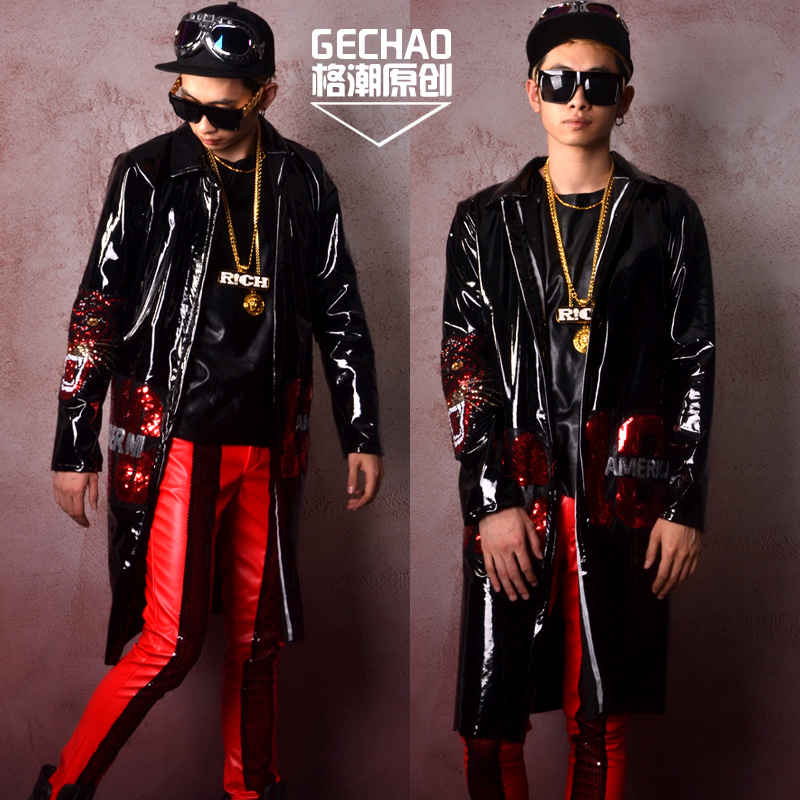 

large size] Black patent-leather sequined cloth with long coat star nightclub bar singer DJDS performance costumes, Pants