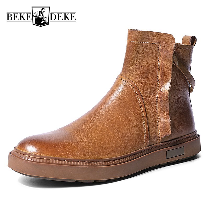 

Vintage New Mens Real Leather Patchowork Zip Boots British Round Toe Casual High Top Flat Boots Zapatos De Hombre, Black
