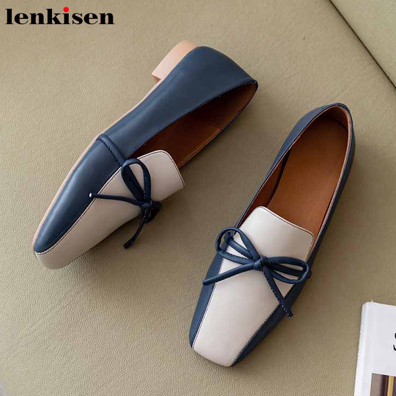 

Lenkisen genuine leather mixed colors sweet bowtie square toe low heel elegant casual style slip on women spring cozy pumps L01, Blue