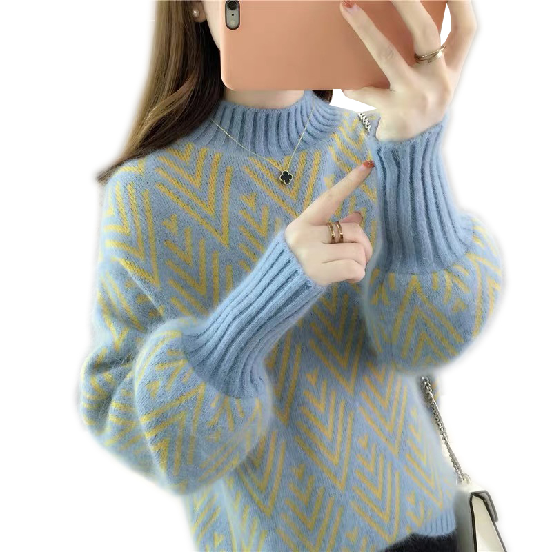 

Lantern Sleeve Half Turtleneck Sweater Women' Loose Turtleneck Sweater Student Tops Spring autumn women knitted ok540, Yellow