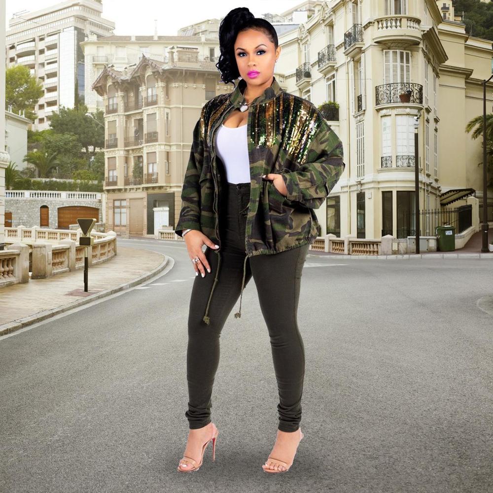 

2019 Women Camouflage Long Coat Fashion Drawstring Zipper Sequins Jacket Autumn winter Long Sleeve pocket Hip Hop Camo Outwear