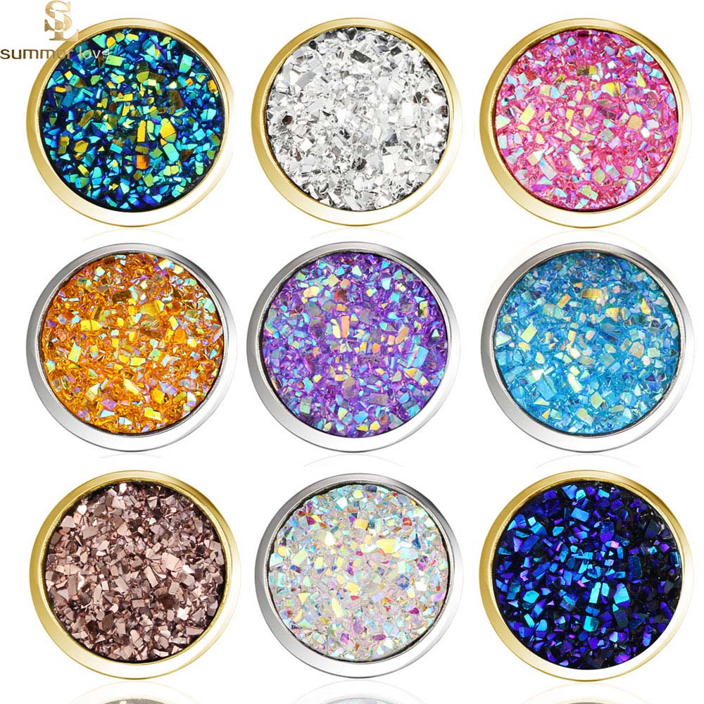 

1 Pairs 16 Colors Cute Round Stud Earrings for Women Stainless Steel Colorful Drusy Resin Cluster Stud Earrings Fashion Jewelry