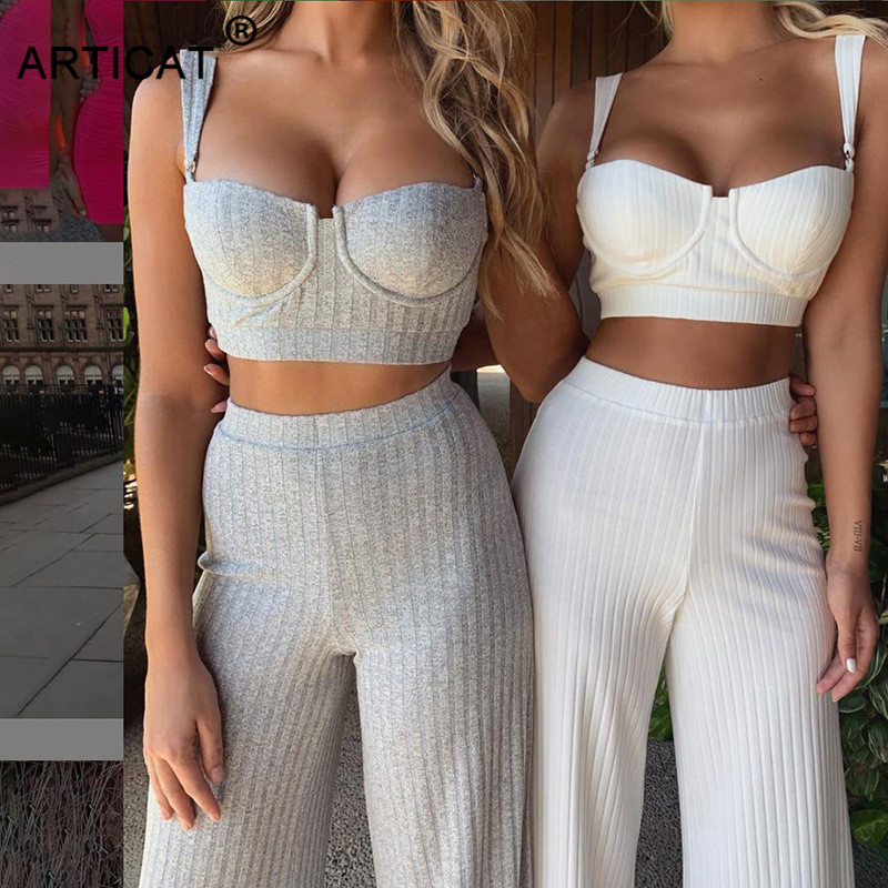 

Articat White Two Piece Set Women Knitted Tracksuit Sleeveless Strapless Crop Top And Pants Sexy 2 Piece Sets Womens Outfits