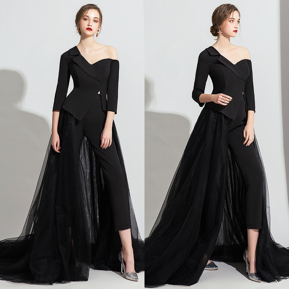 black jumpsuit evening dresses with overskirts long sleeve two pieces formal prom dress robes de soire