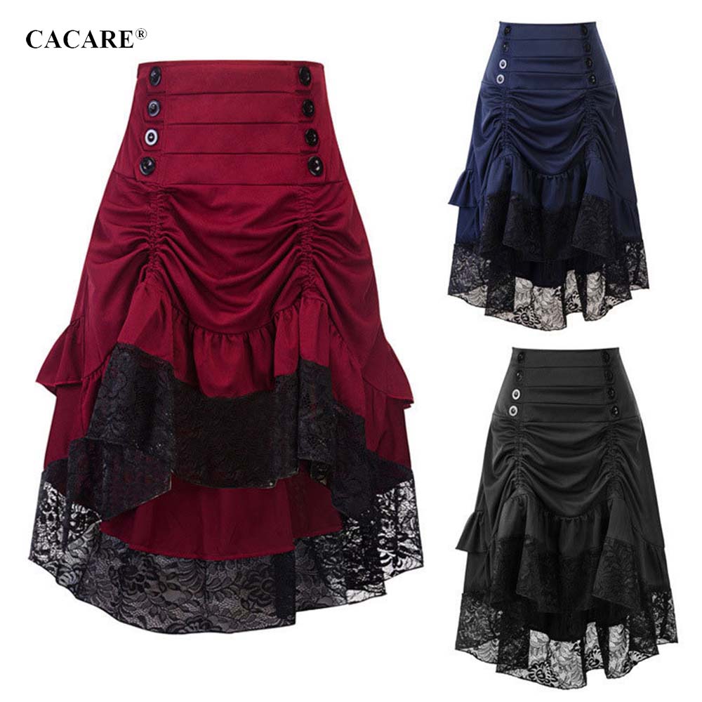 

Vintage Pleaded Skirts Womens Girls Ladies Ruffle Skirt Rretro 3 Choices F0506 Irregular Lace Hem S-2XL, Black