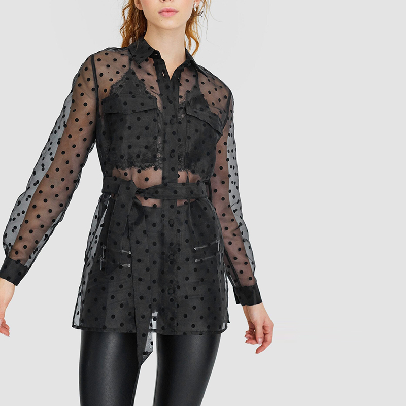 

Women Plus Size Loose Organza Blouse Turn Down Collar Dot Print See Through Shirts Ladies Long Sleeve Tops XB253, Black