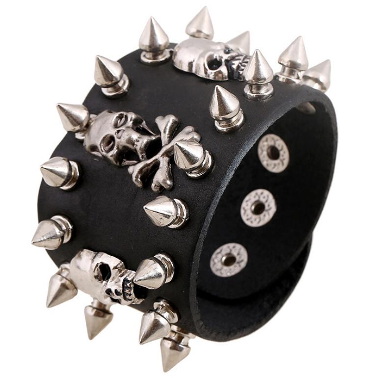 

Gothic Punk Rock Black Skull Cuspidal Spikes Rivet Cone Stud Wide Leather Bangle Wrap Charm Wristband Biker Men Bracelet Jewelry