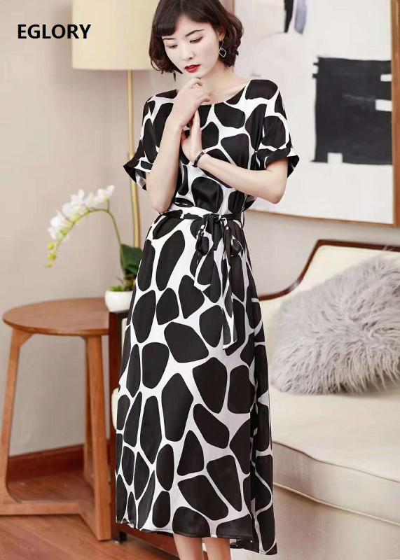 

Top Quality Silk Dress 2020 Summer Style Women O-Neck Polka Dot Print Short Sleeve Mid-Calf Length Casual Plus Size Dress Female, As pic