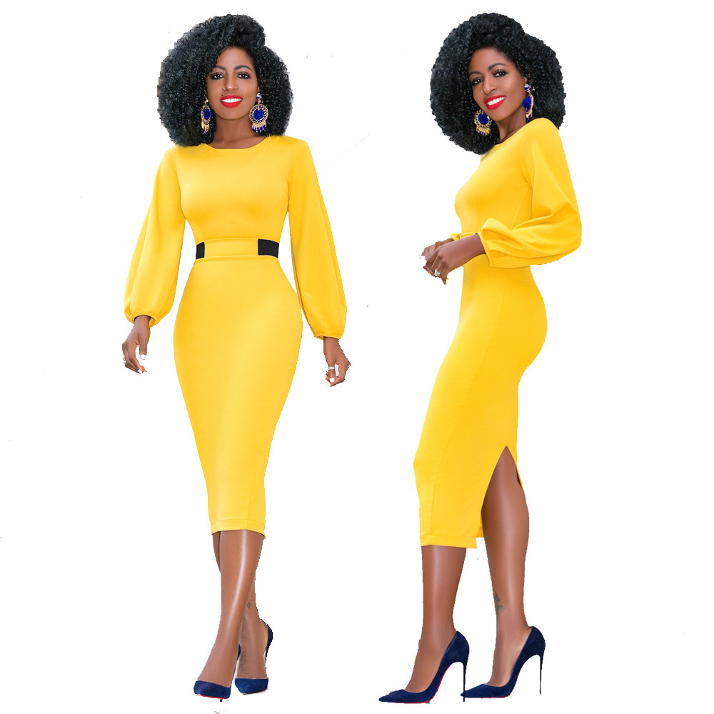 

Women Elegant Back Slit Pencil Office Dress High Waist Long Sleeve Fashion Business Work Wear Bodycon Midi Dresses, Yellow