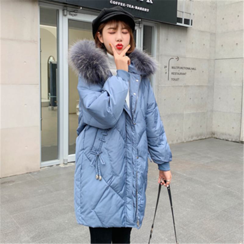 

2019 New Winter Women Thicken Warm Real Raccoon Fur Hooded Long Coats Female Fashion White Duck Down Jacket Casual Parkas C157, Sky blue