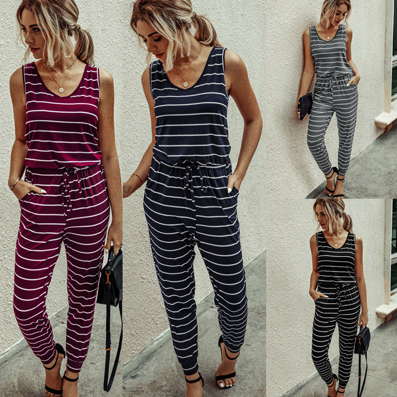 

Summer Black Sleeveless Belts Jumpsuits Stripe Casual Slim Overalls For Women Pockets Lace Up Playsuits Long Romper Female Mujer