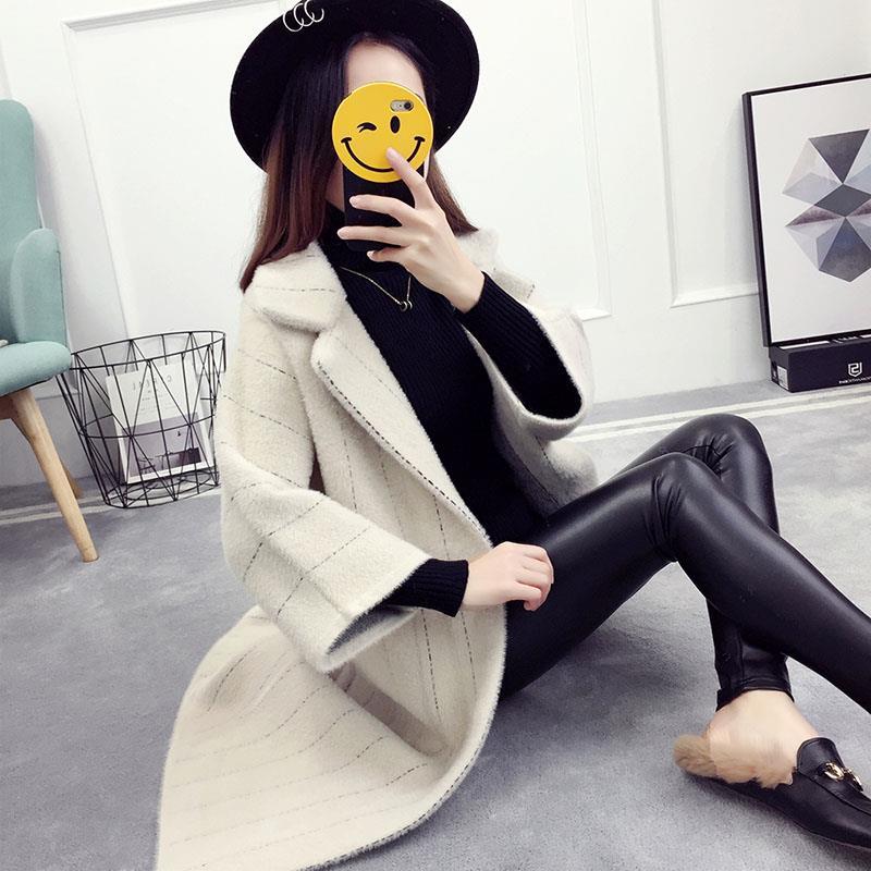 

Cardigan Knit Imitation Mink Cashmere Coat Women 2020 Autumn Thick Loose Sweater Coat Turn-down Collar Casual Sweater Female, Beige