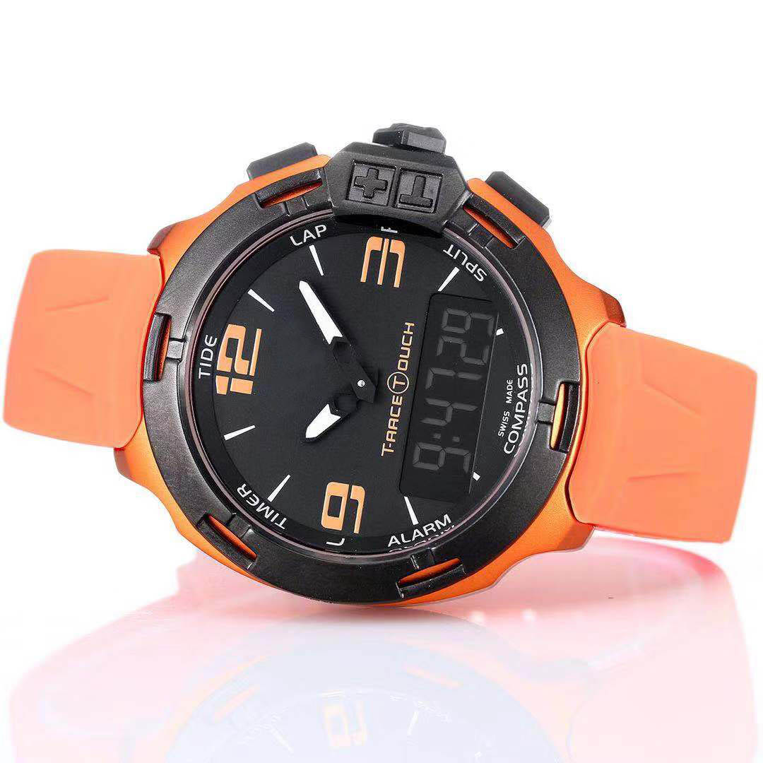 

Wholesale T Race Touch T081 Screen Altimeter Compass Chrono Quartz Black Rubber Strap Deployment Clasp Orange Men Watch Wristwatches Watches