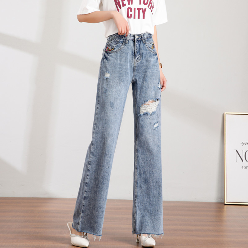 

High Waist Jeans New High Waist Floor-Length Pants Women's Loose-Fit Ripped Fray Hem Embroidery Wide-Leg Pants Women's, Dark blue